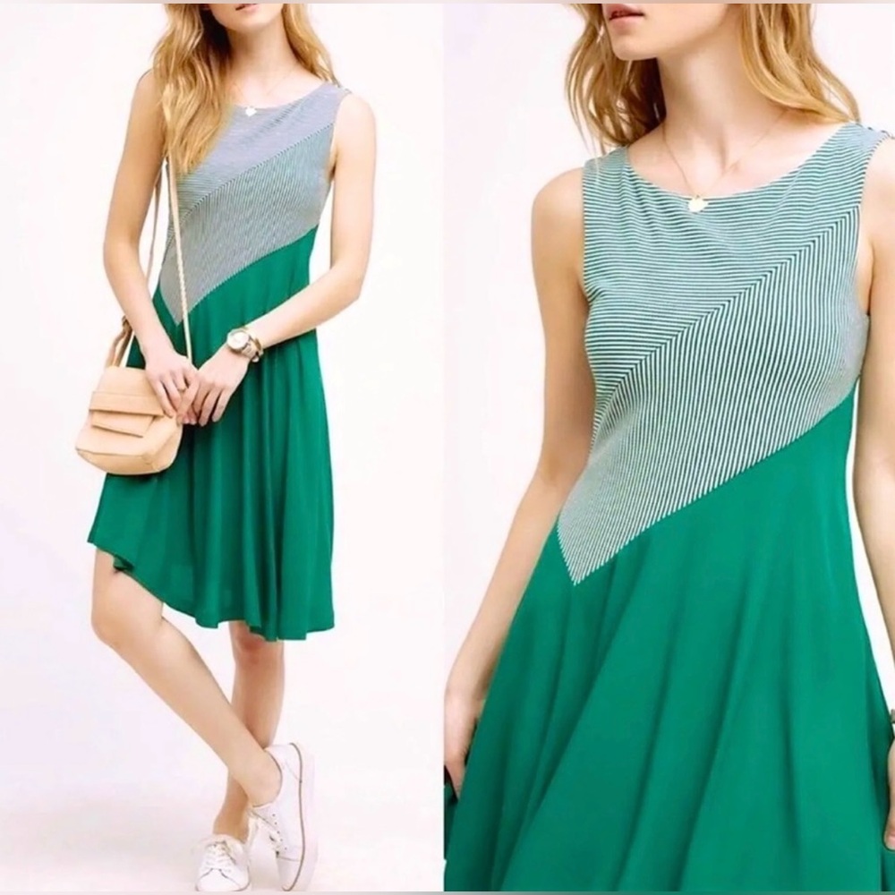 Anthropologie Maeve Cameron Striped Asymmetrical Swing Dress Size XS Green